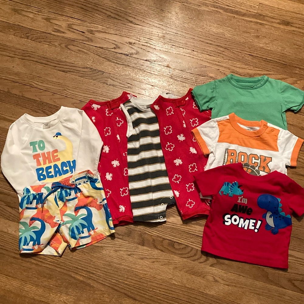 6-12 month summer lot#1 . 1 swim suit, 3 rompers and 3 tees.